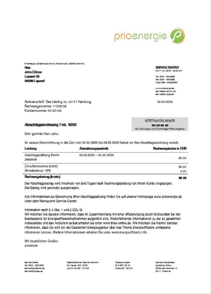 Germany Prioenergie proof of address utility bill